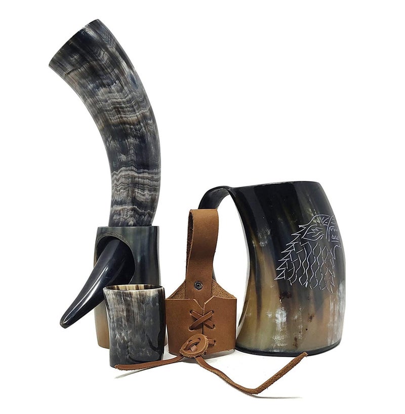 Brainmart Viking Drinking Horn Mug & Cup Set | 6-Piece Collection with 16oz Dire Wolf Engraved Mead & Beer Mug, Shot Glass, Bottle Opener, Leather Strap, Drinking Horn & Stand | Norse Gift for Men - Image 3